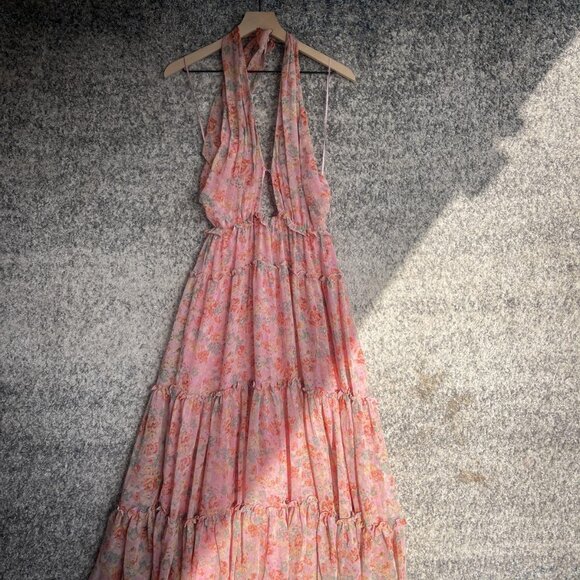 ASTR The Label Dress Womens Small Pink Floral Halter Maxi Tiered Open Back Lined - Picture 1 of 6